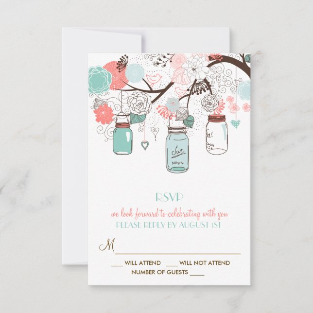 Coral and Blue Mason Jars Floral RSVP Card (Front)