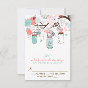 Coral and Blue Mason Jars Floral RSVP Card