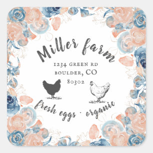 coral and blue peonies farmhouse egg carton square sticker