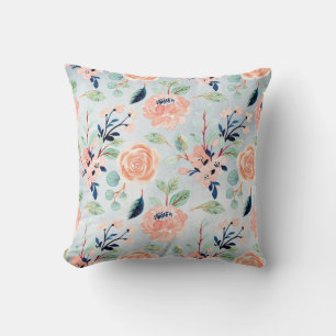 Coral and Blue Wildflowers and Roses Cushion