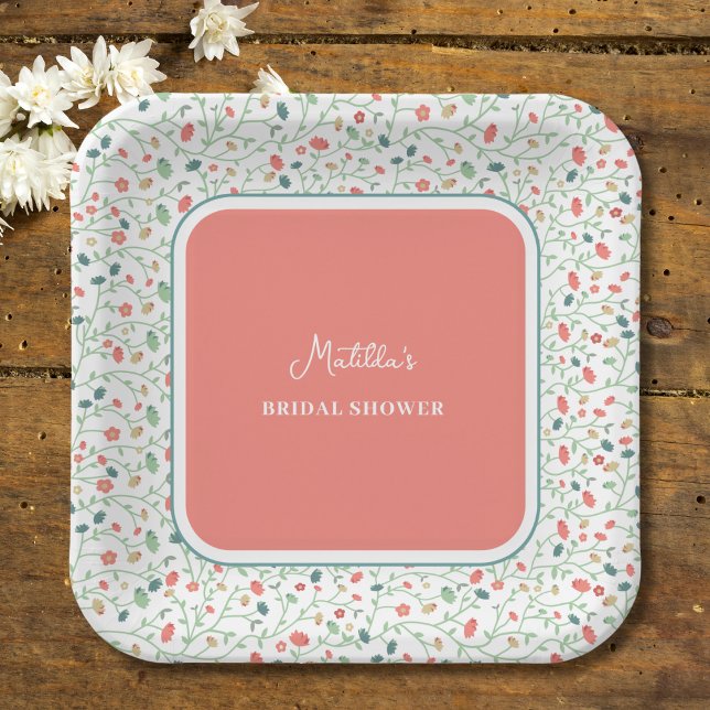 Coral and Blue Wildflowers  BRIDAL SHOWER Paper Plate (Creator Uploaded)