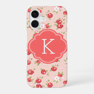 Coral and Blush Chic Vintage Floral Print Monogram iPhone 16 Case