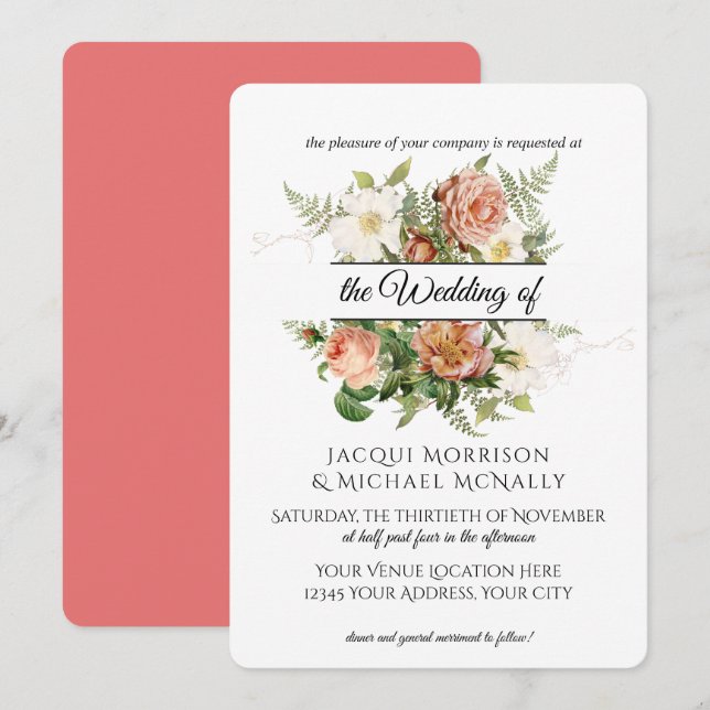 Coral and Blush Peony, Roses w Fern Wreath Wedding Invitation (Front/Back)