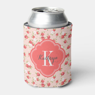 Coral and Blush Vintage Floral Monogram Can Cooler