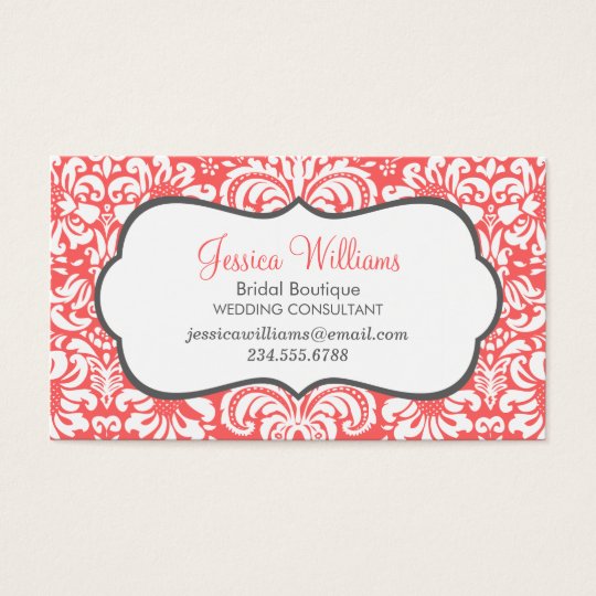 Coral and Charcoal Elegant Floral Damask Business Card