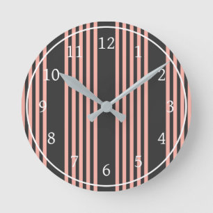 Coral and charcoal five stripe pattern round clock