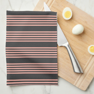 Coral and charcoal five stripe pattern tea towel