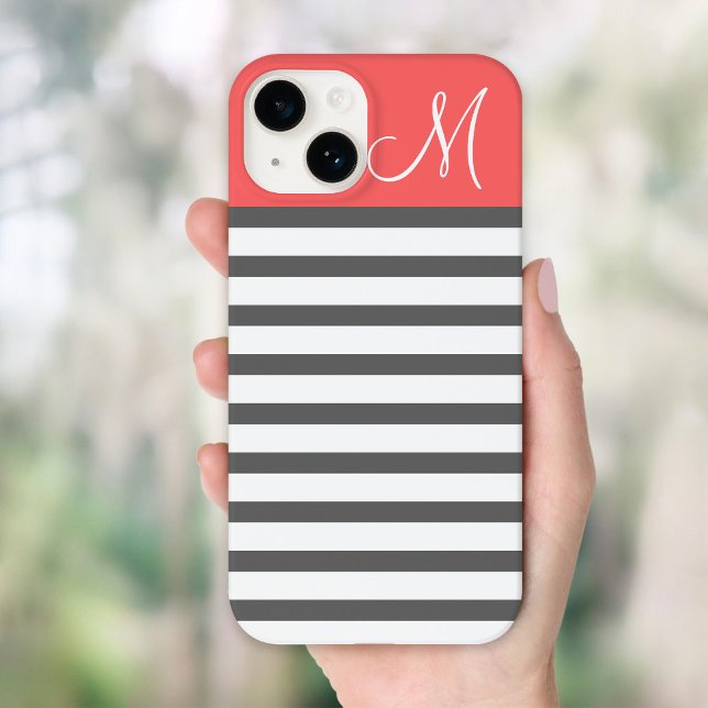 Coral and Charcoal Preppy Stripes Custom Monogram Case-Mate iPhone Case (Creator Uploaded)