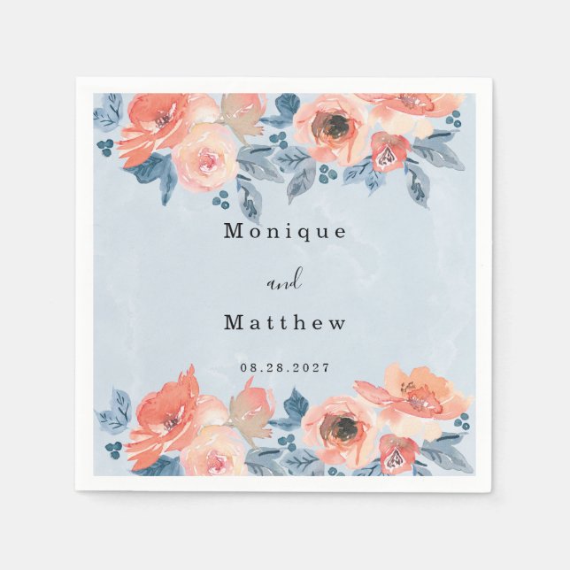 Coral and Dusty Blue Floral Boho Wedding Napkin (Front)