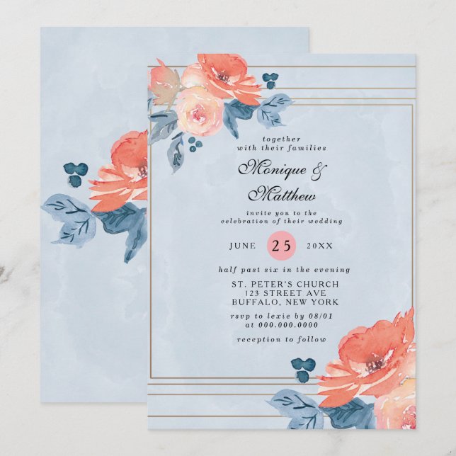 Coral and Dusty Blue Floral Geometric Wedding Invitation (Front/Back)