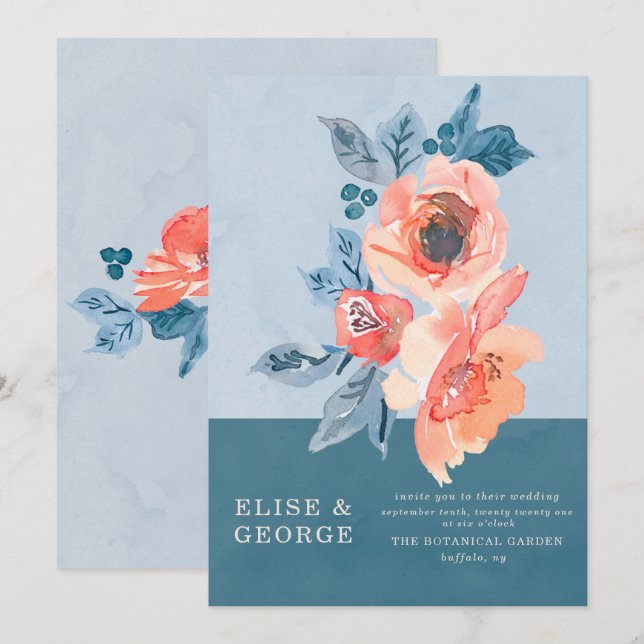 Coral and Dusty Blue Floral Unique Wedding Invitation (Front/Back)