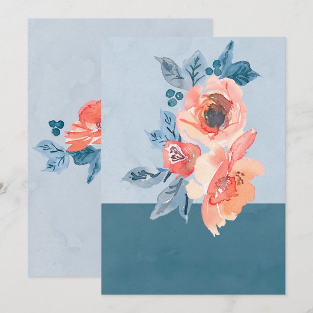 Coral and Dusty Blue Floral Unique Wedding Invitation (Front/Back)