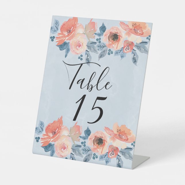 Coral and Dusty Blue Floral Wedding Table Number Pedestal Sign (Front)