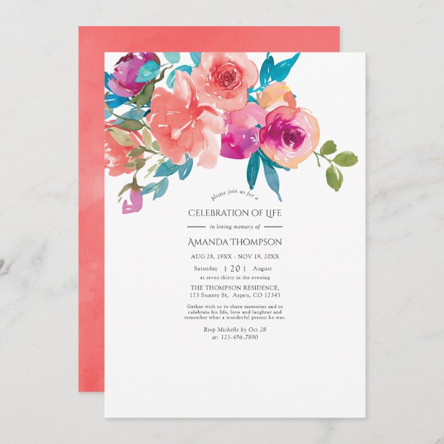 Coral and Fandango Floral Celebration of Life Invitation (Front/Back)