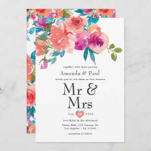 Coral and Fandango Floral Mr and Mrs Wedding Invitation