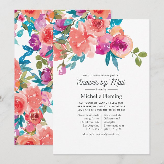 Coral and Fandango Floral Shower by Mail Invitation (Front/Back)