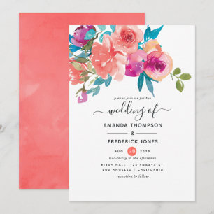 Coral and Fandango Floral Wedding Invitation