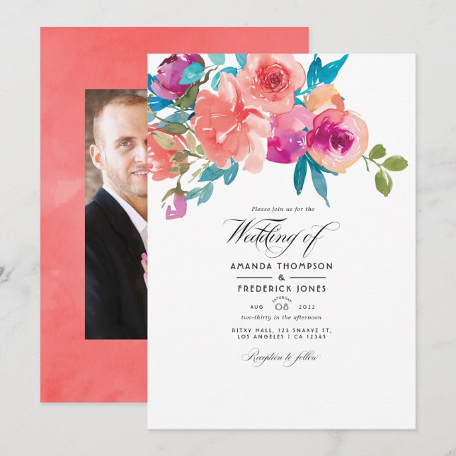 Coral and Fandango Floral Wedding Photo Invitation (Front/Back)