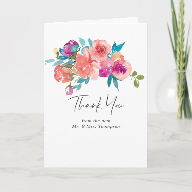 Coral and Fandango Floral Wedding Photo Thank You Card (Front)