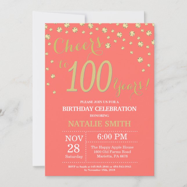 Coral and Gold 100th Birthday Diamond Invitation (Front)