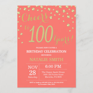 Coral and Gold 100th Birthday Diamond Invitation