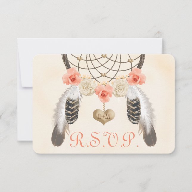 Coral and Gold Boho Dreamcatcher Wedding RSVP Card (Front)