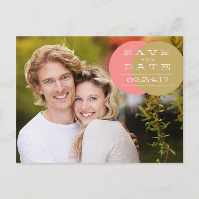 Coral and Gold Circles Save the Date Postcard (Front)