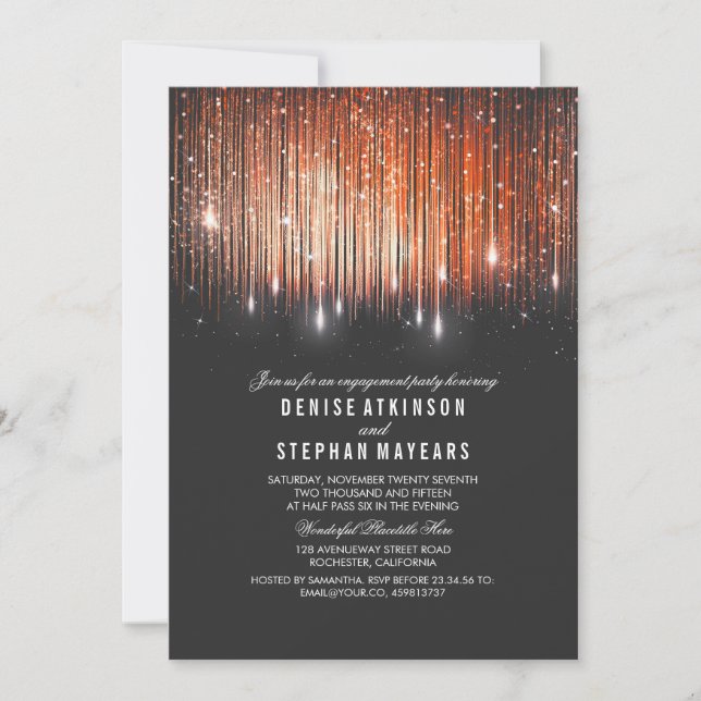 Coral and Gold Engagement Party String Lights Invitation (Front)