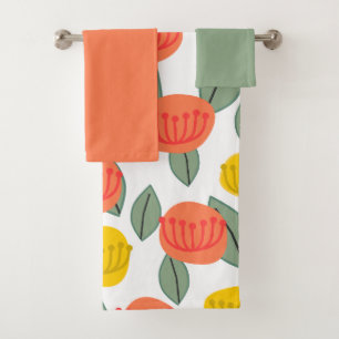 Coral and Gold Flowers  Bath Towel Set