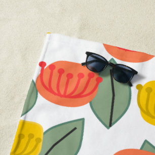Coral and Gold Flowers  Beach Towel