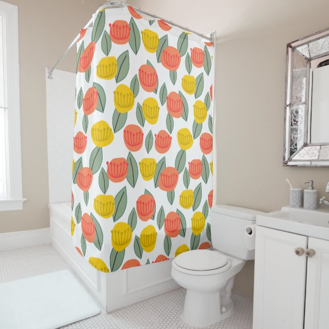 Coral and Gold Flowers  Shower Curtain (In Situ)