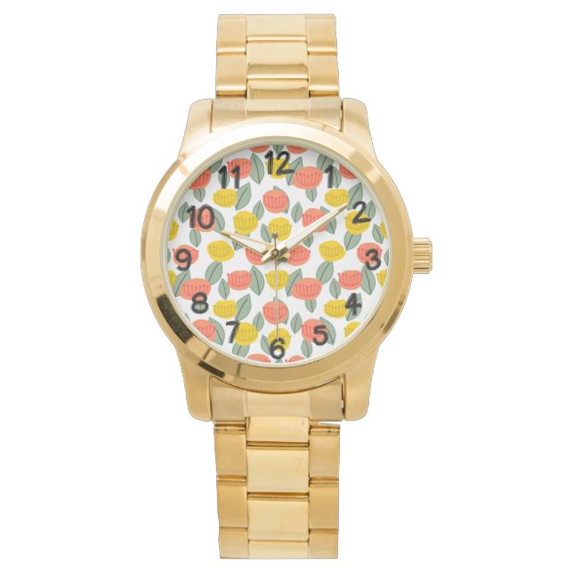 Coral and Gold Flowers  Watch (Front)