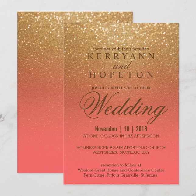 Coral and Gold Glitter Invitation (Front/Back)