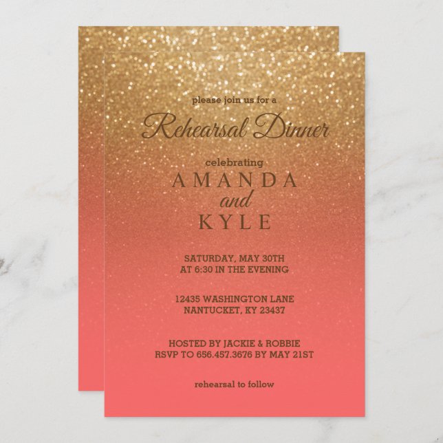 Coral and Gold Glitter - Rehearsal Dinner Invitation (Front/Back)