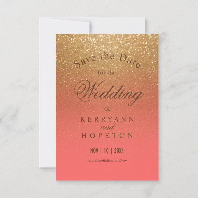 Coral and Gold Glitter - Save The Date (Front)