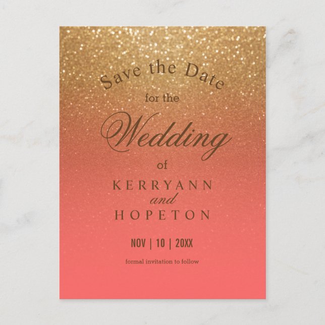 Coral and Gold Glitter - Save The Date Announcement Postcard (Front)