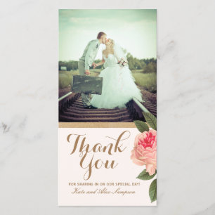 Coral and Gold Glitter Thank You Photo Card (4x8)