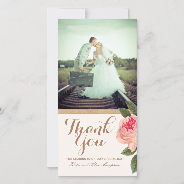 Coral and Gold Glitter Thank You Photo Card (4x8) (Front)
