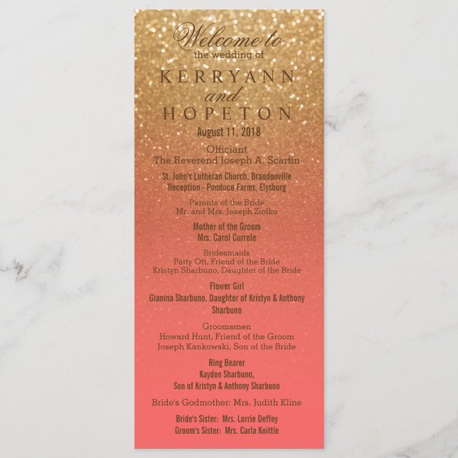 Coral and Gold Glitter Wedding Ceremony Program Programme (Front)