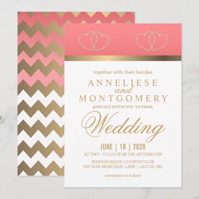 Coral and Gold Hearts - Invitation (Front/Back)