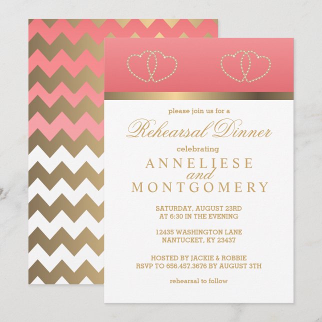 Coral and Gold Hearts - Rehearsal Dinner Invitation (Front/Back)