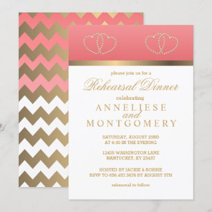 Coral and Gold Hearts - Rehearsal Dinner Invitation
