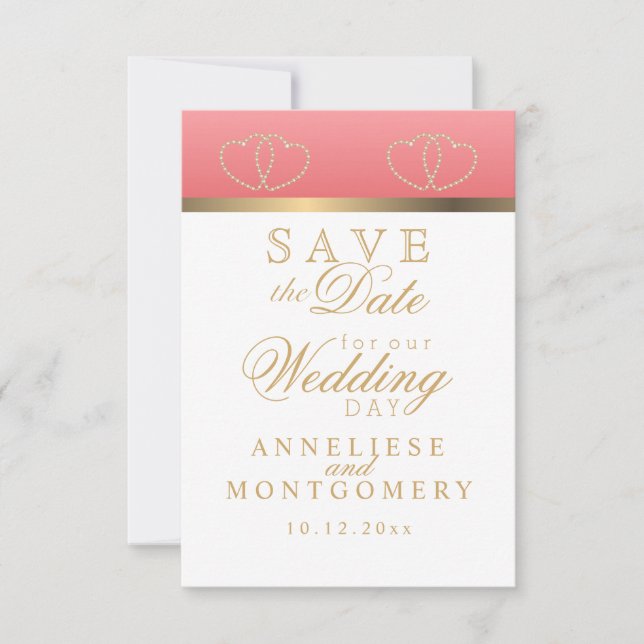Coral and Gold Hearts - Save the Date (Front)