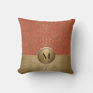 Coral and Gold Monogram Damask Pattern Cushion