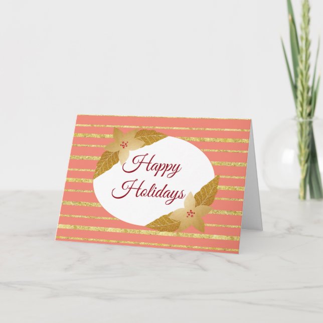 Coral and Gold Stripe Holiday Greeting Card (Front)