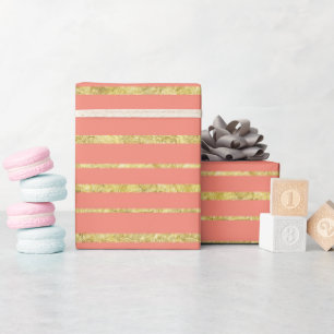 Coral and Gold Stripe Wrapping Paper