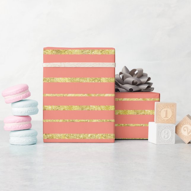 Coral and Gold Stripe Wrapping Paper (Baby Shower)