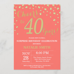 Coral and Gold Surprise 40th Birthday Diamond Invitation