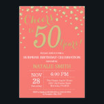 Coral and Gold Surprise 50th Birthday Diamond Invitation<br><div class="desc">Surprise 50th Birthday Invitation with Coral and Gold Glitter Diamond Background. Gold Confetti. Adult Birthday. Male Men or Women Birthday. For further customisation,  please click the "Customise it" button and use our design tool to modify this template.</div>
