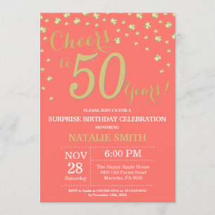 Coral and Gold Surprise 50th Birthday Diamond Invitation